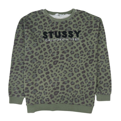 Stussy Womens Green Leopard Print Crew Neck Sweatshirt Size L