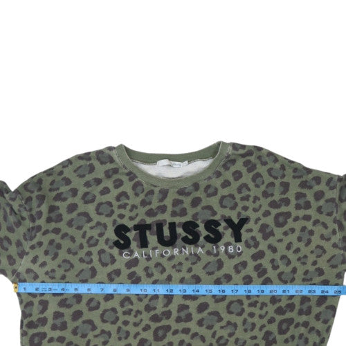 Stussy Womens Green Leopard Print Crew Neck Sweatshirt Size L
