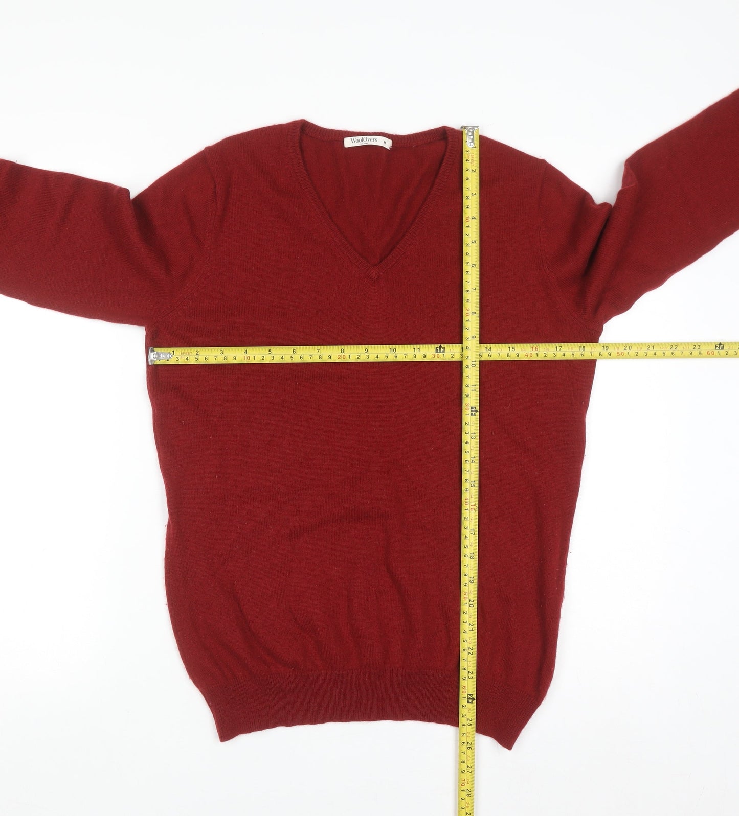 WoolOvers Men’s Red Merino Wool Cashmere V-Neck Jumper M