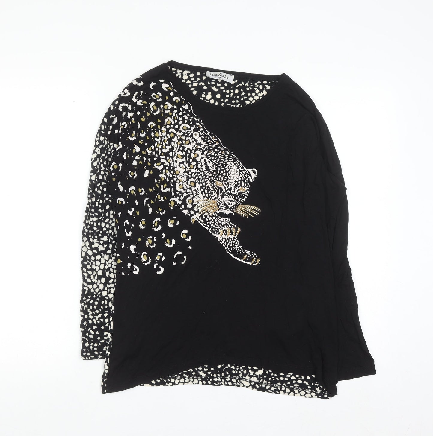 Zarra Gembos Womens Black Leopard Embroidered Cotton Jersey Long Sleeve T-Shirt Size 10