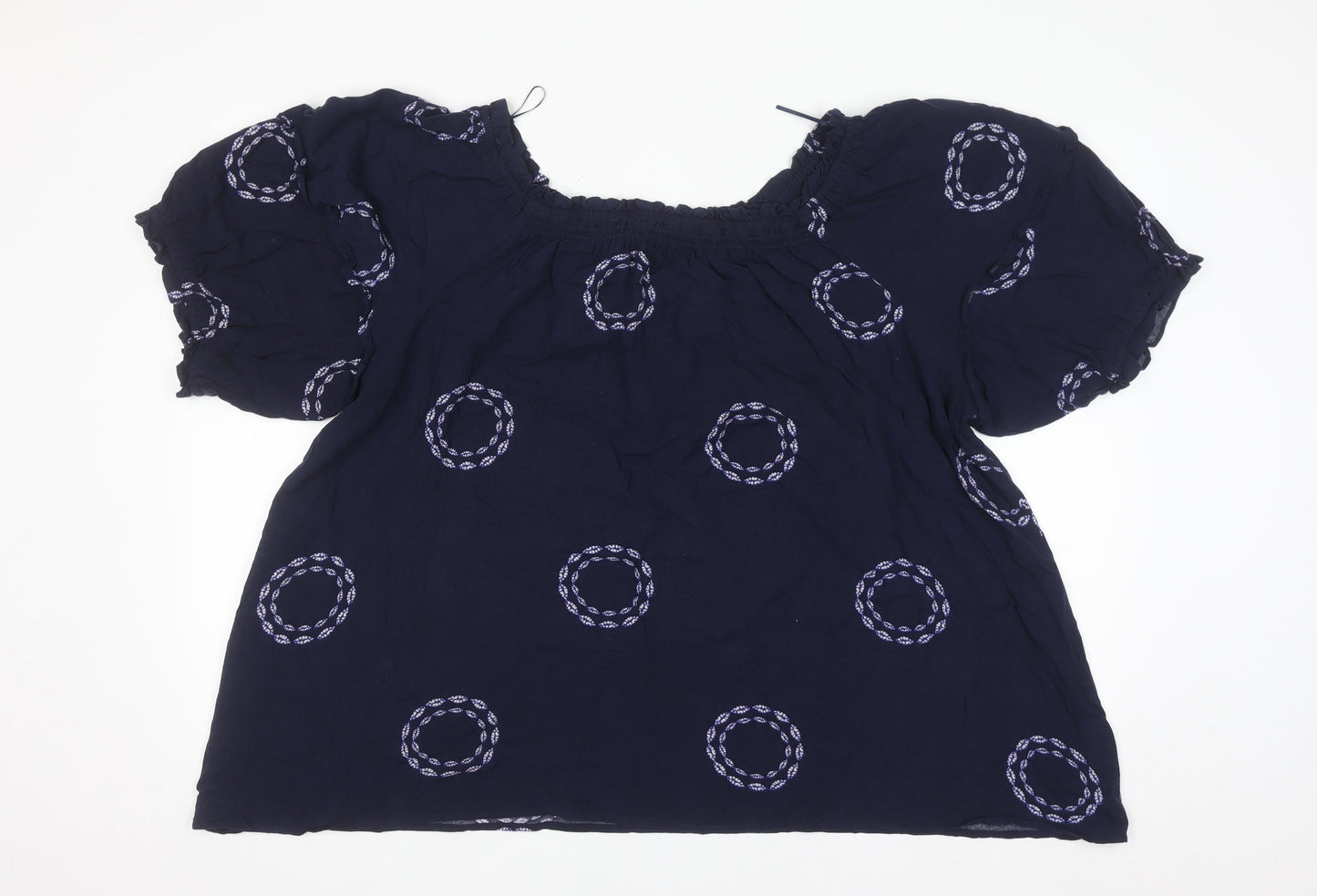 Next Womens Navy Blue Embroidered Blouse Size 24 Viscose Short Sleeve