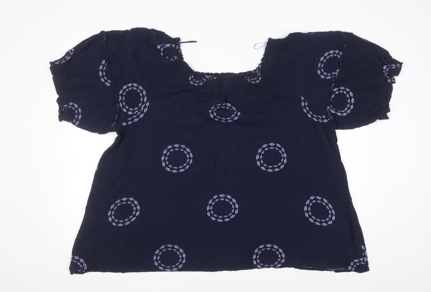 Next Womens Navy Blue Embroidered Blouse Size 24 Viscose Short Sleeve