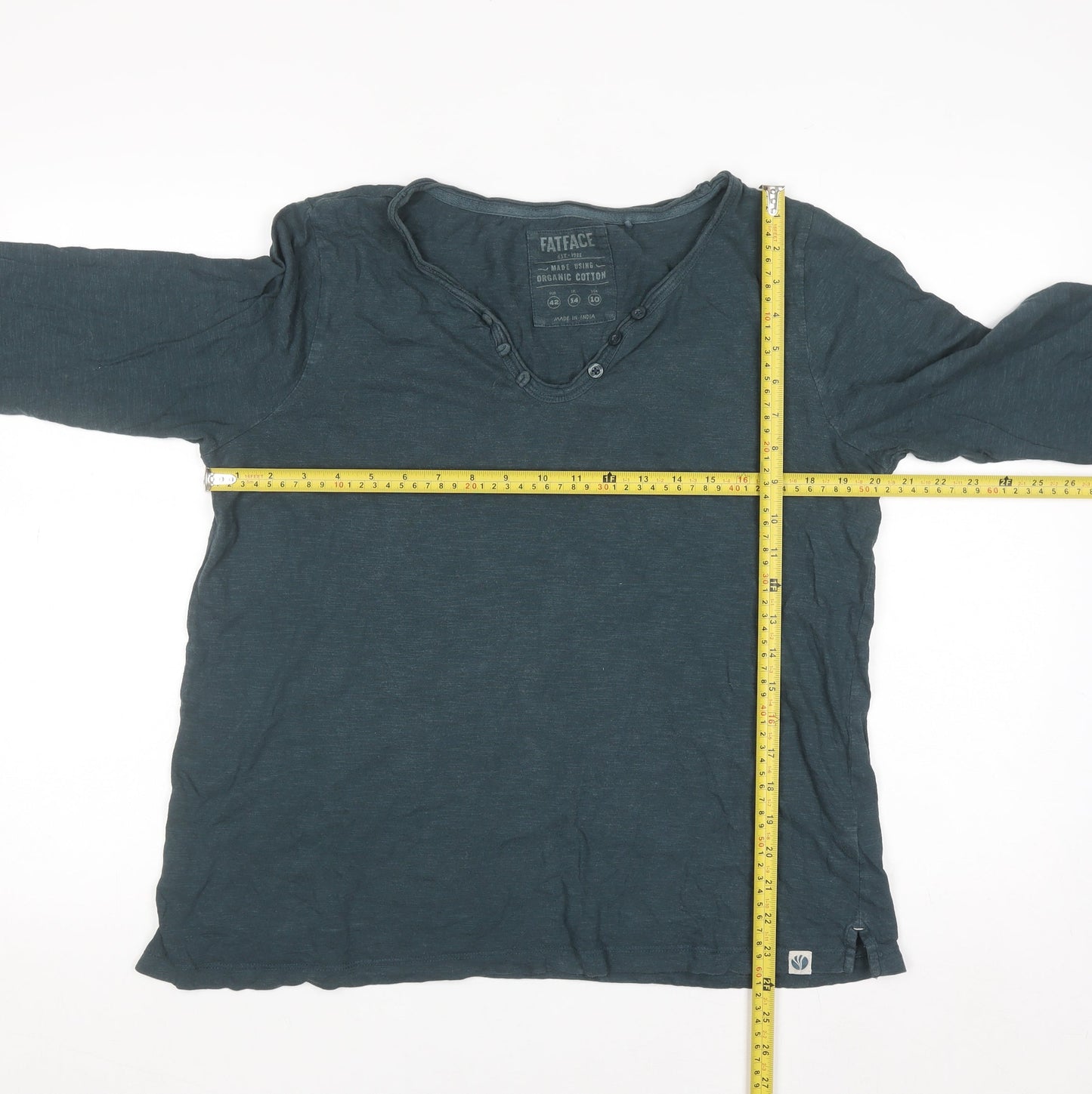 FatFace Womens Blue Organic Cotton Henley 3/4 Sleeve T-Shirt Size 14