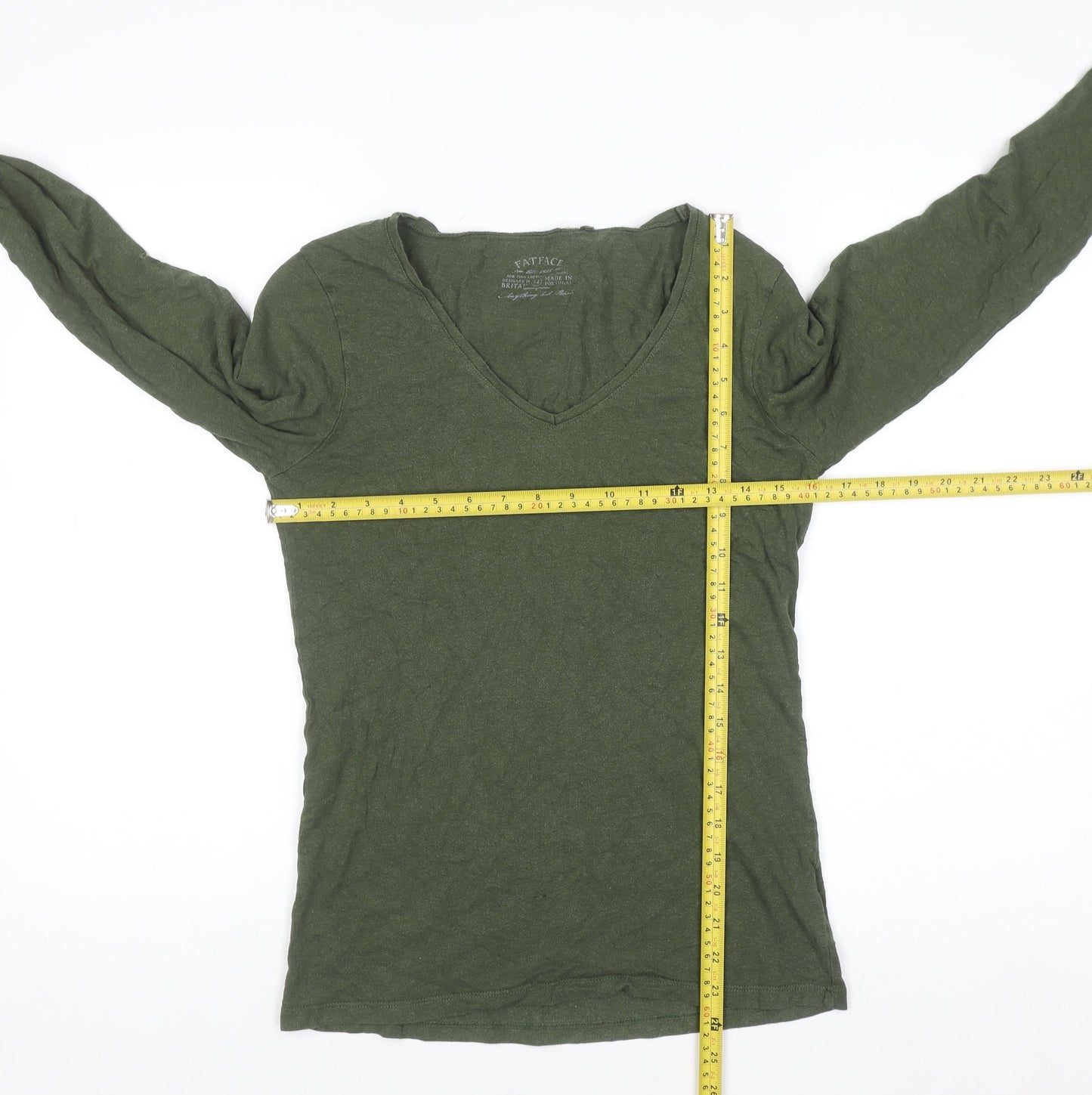 FatFace Women's Green Long Sleeve V-Neck Basic Top Size 12