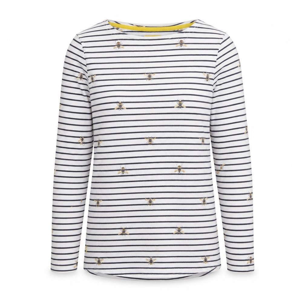 Joules Women White Bee Embroidered Striped Cotton Long Sleeve Top UK 12