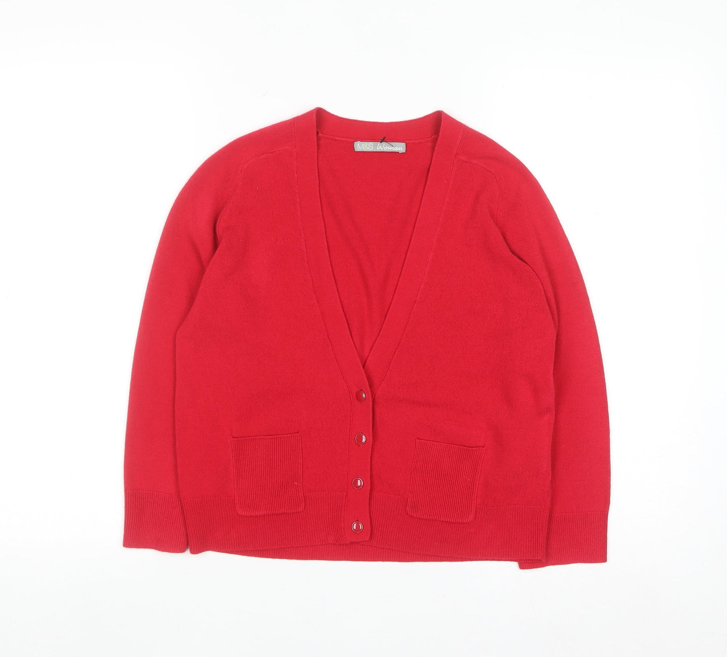 Marks and Spencer Women Red Size 12 Acrylic V-Neck Cardigan