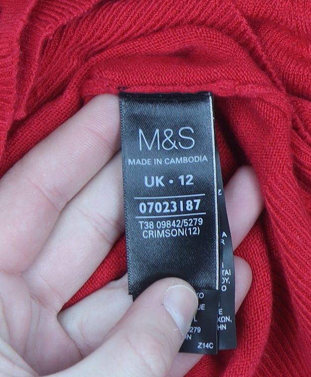 Marks and Spencer Women Red Size 12 Acrylic V-Neck Cardigan