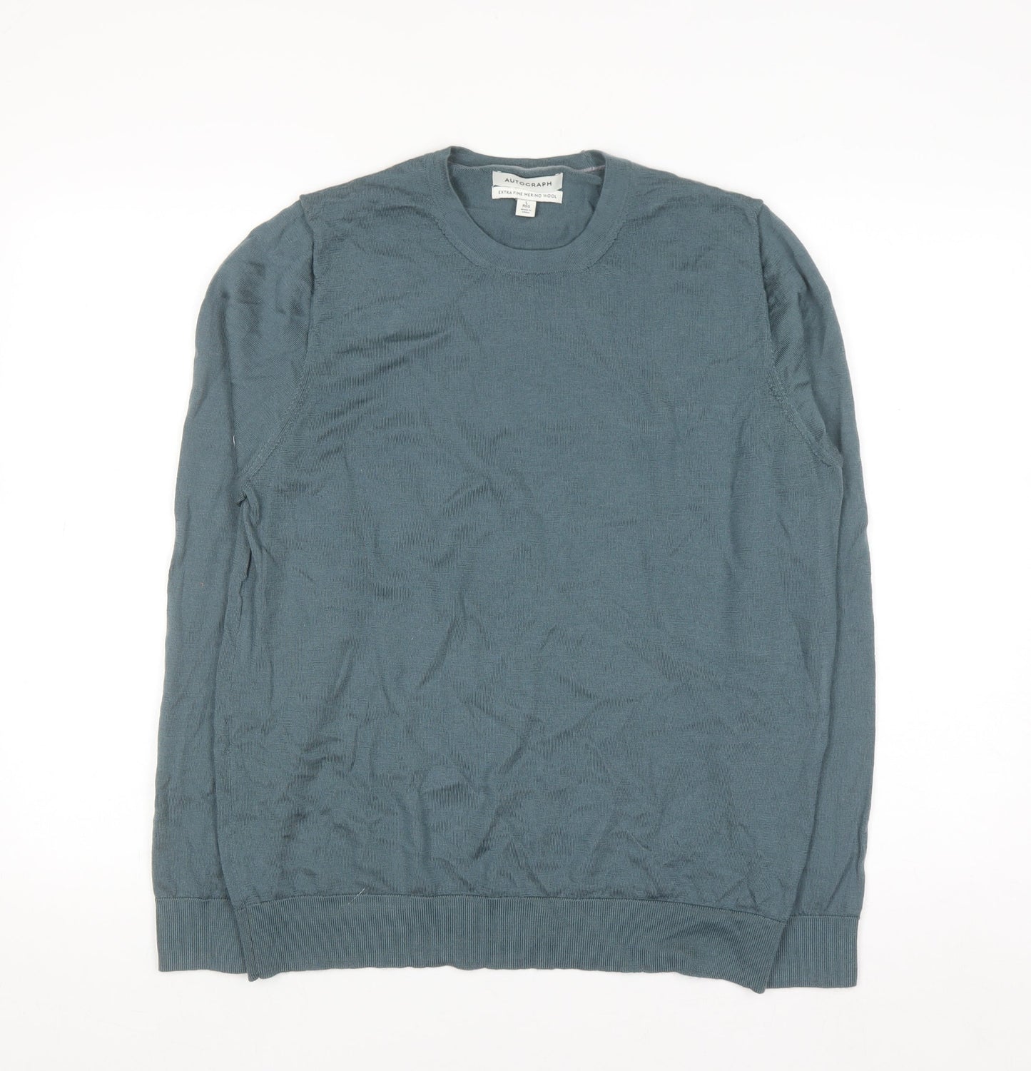 Marks and Spencer Autograph Men's Blue Merino Wool Crew Neck Jumper L