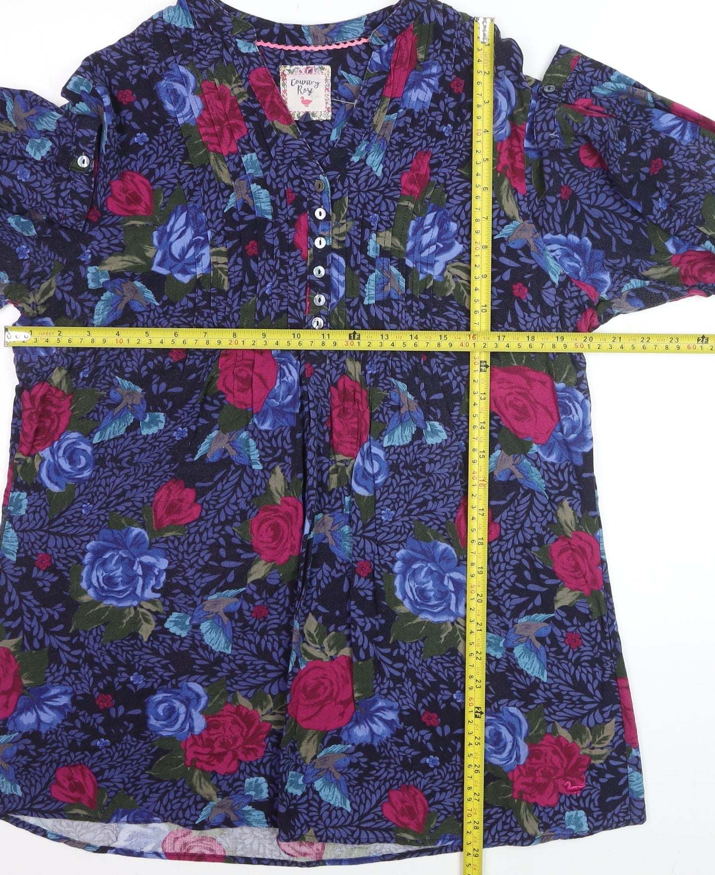 Country Rose Women's Blue Floral Long Sleeve Viscose Blouse Size S