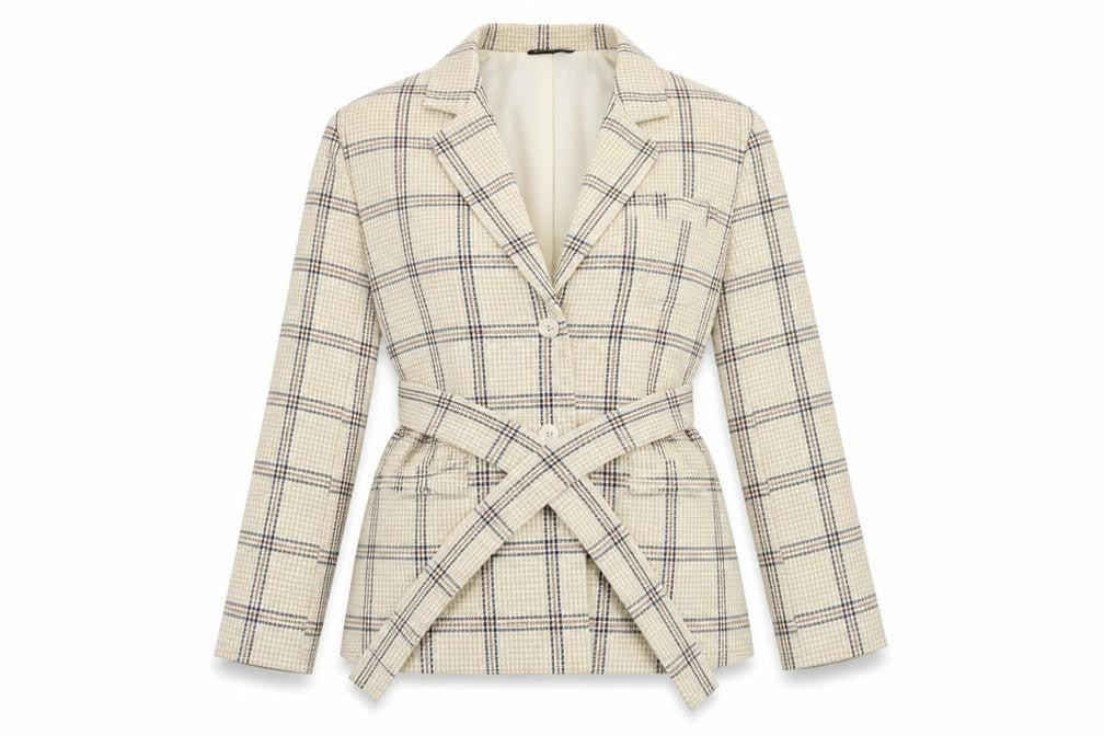 PRETTYLITTLETHING Women Beige Check Belted Blazer UK 6
