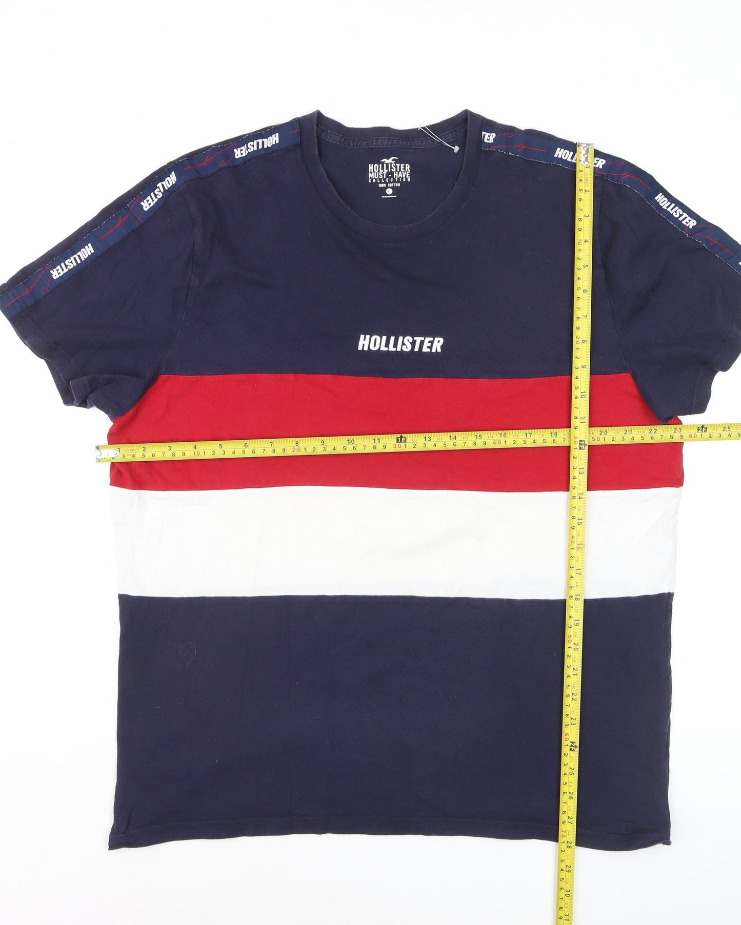 Hollister Men's Navy Red White Stripe Crew Neck Cotton T-Shirt XL