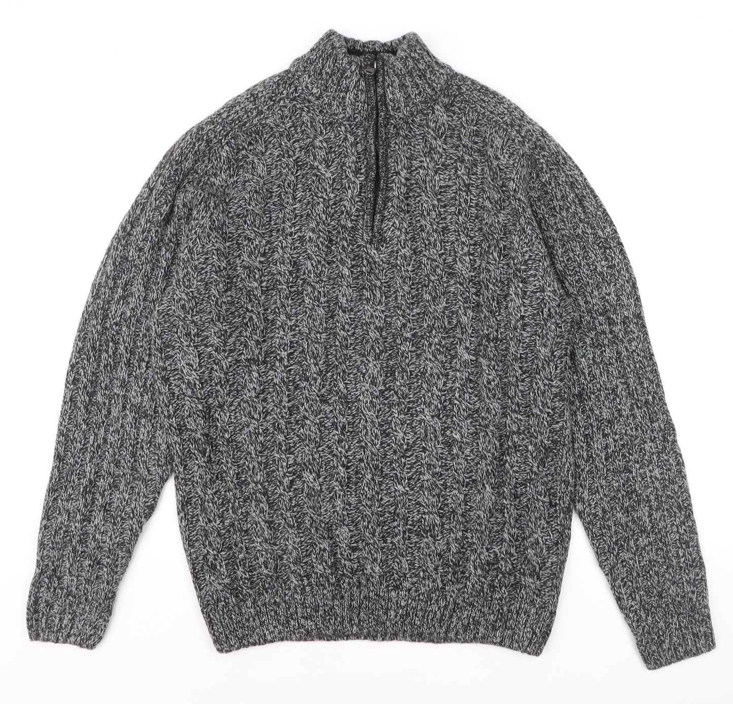 Xact Men's Grey Cable-Knit 1/4 Zip High Neck Jumper Size L