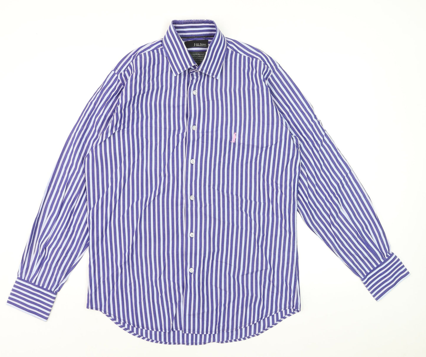 6th Sense Men's Blue Striped Long Sleeve Cotton Dress Shirt Medium