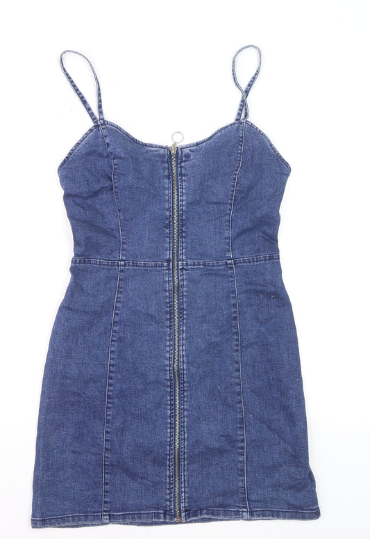 Additional front view of Denim Co Women Blue, size 8, Bodycon Denim Zip Front Dress