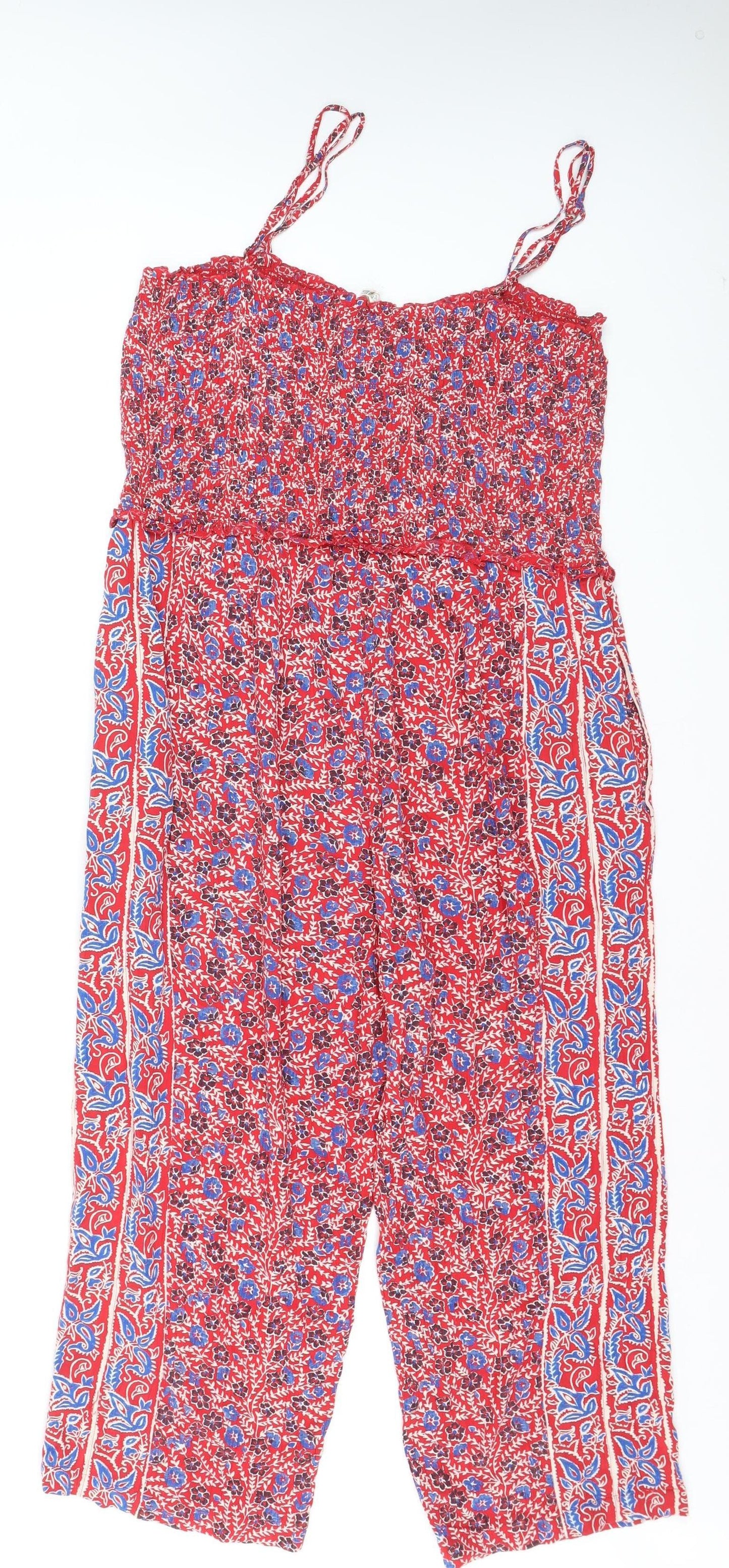 FatFace Women Red Floral Sleeveless Jumpsuit Size 16 Cotton Blend