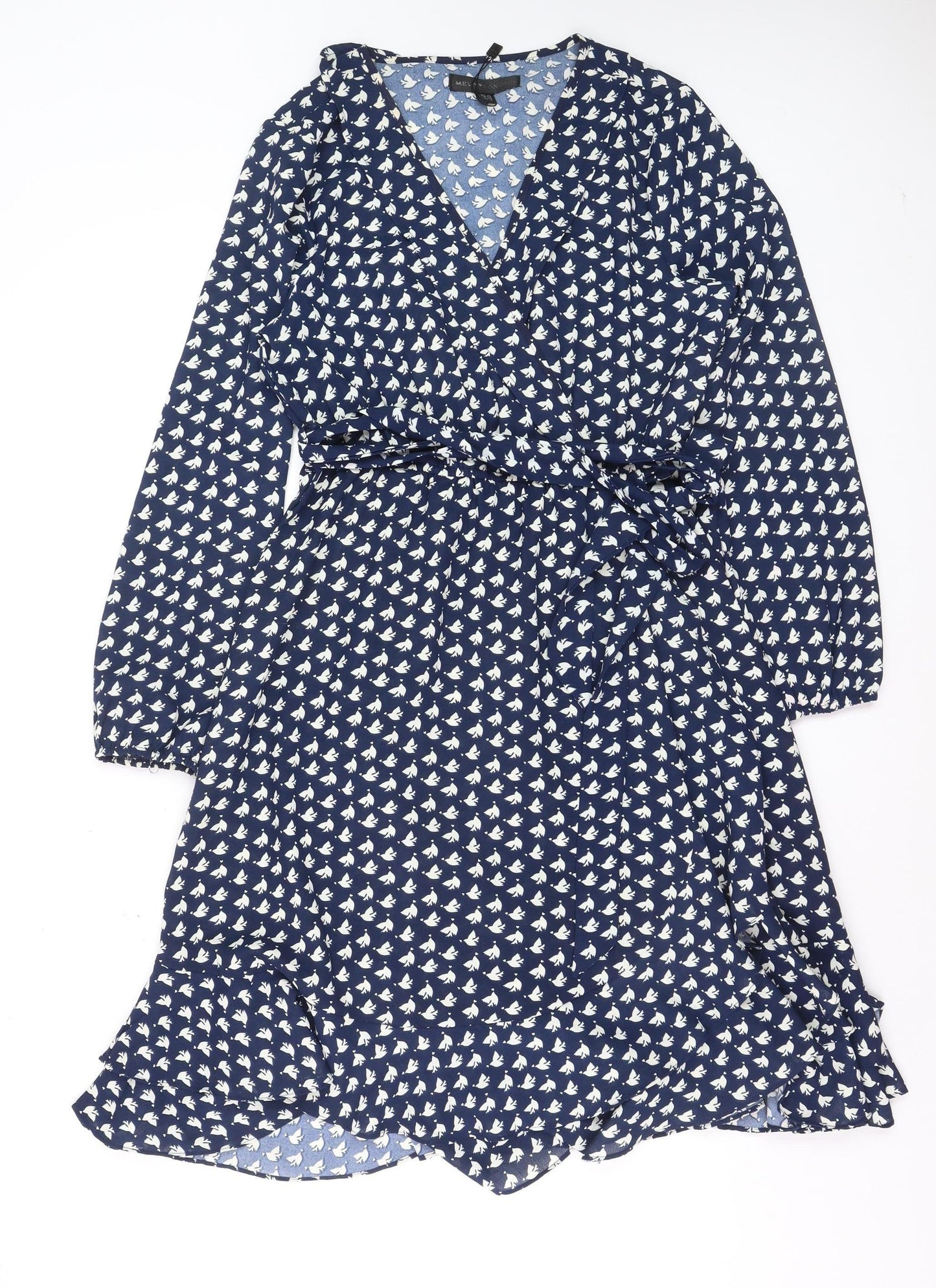 Mela London Women Blue Bird Print Wrap Dress Size 14