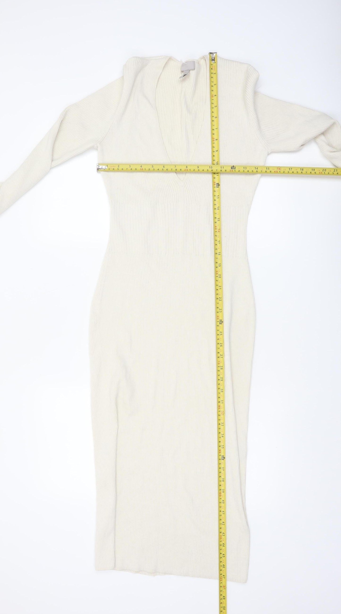 H&M Women’s Ivory Ribbed Bodycon Midi Knit Dress Size 12
