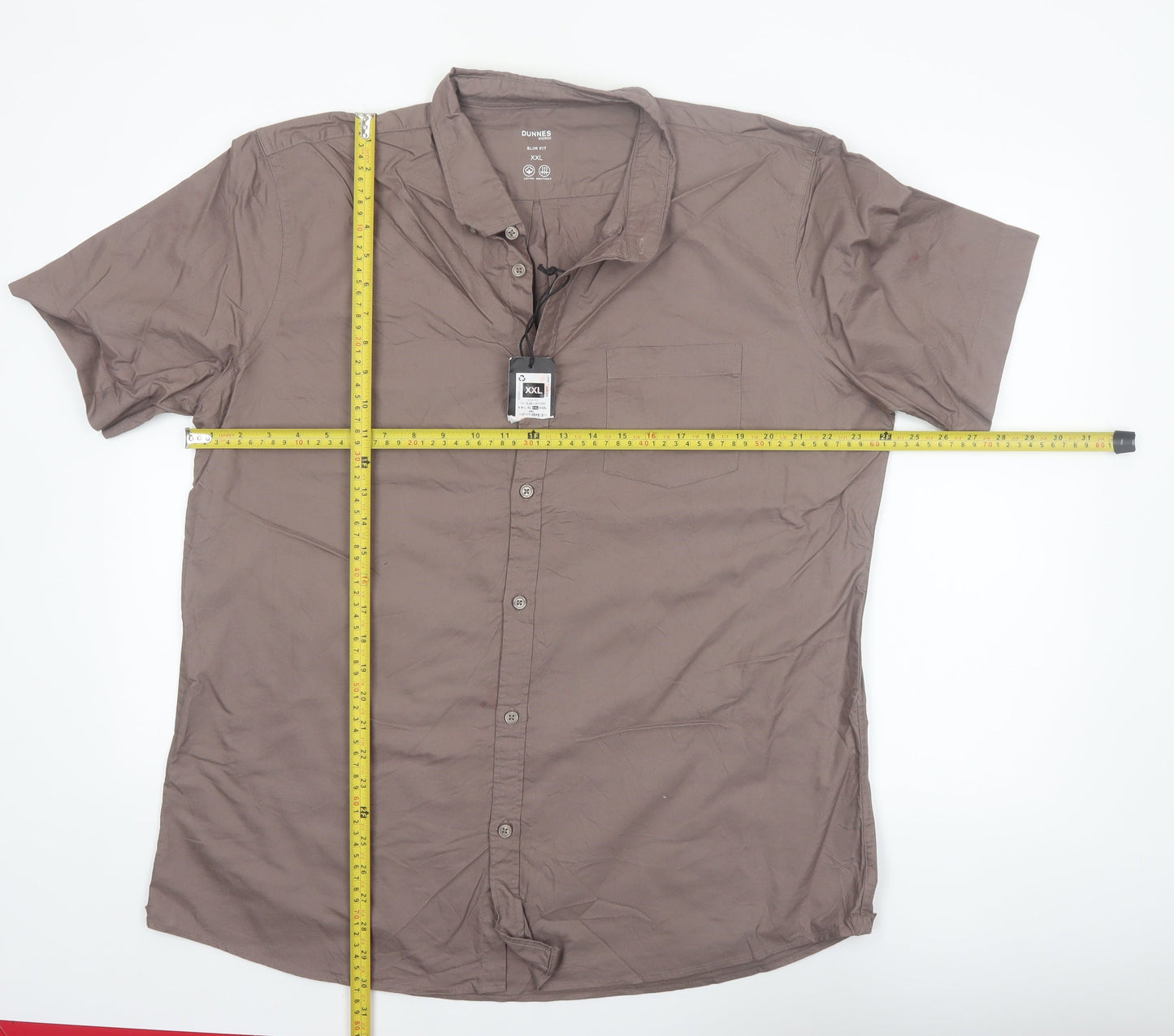 Dunnes Stores Men Brown Slim Fit Cotton Short Sleeve Button-Up Shirt 2XL