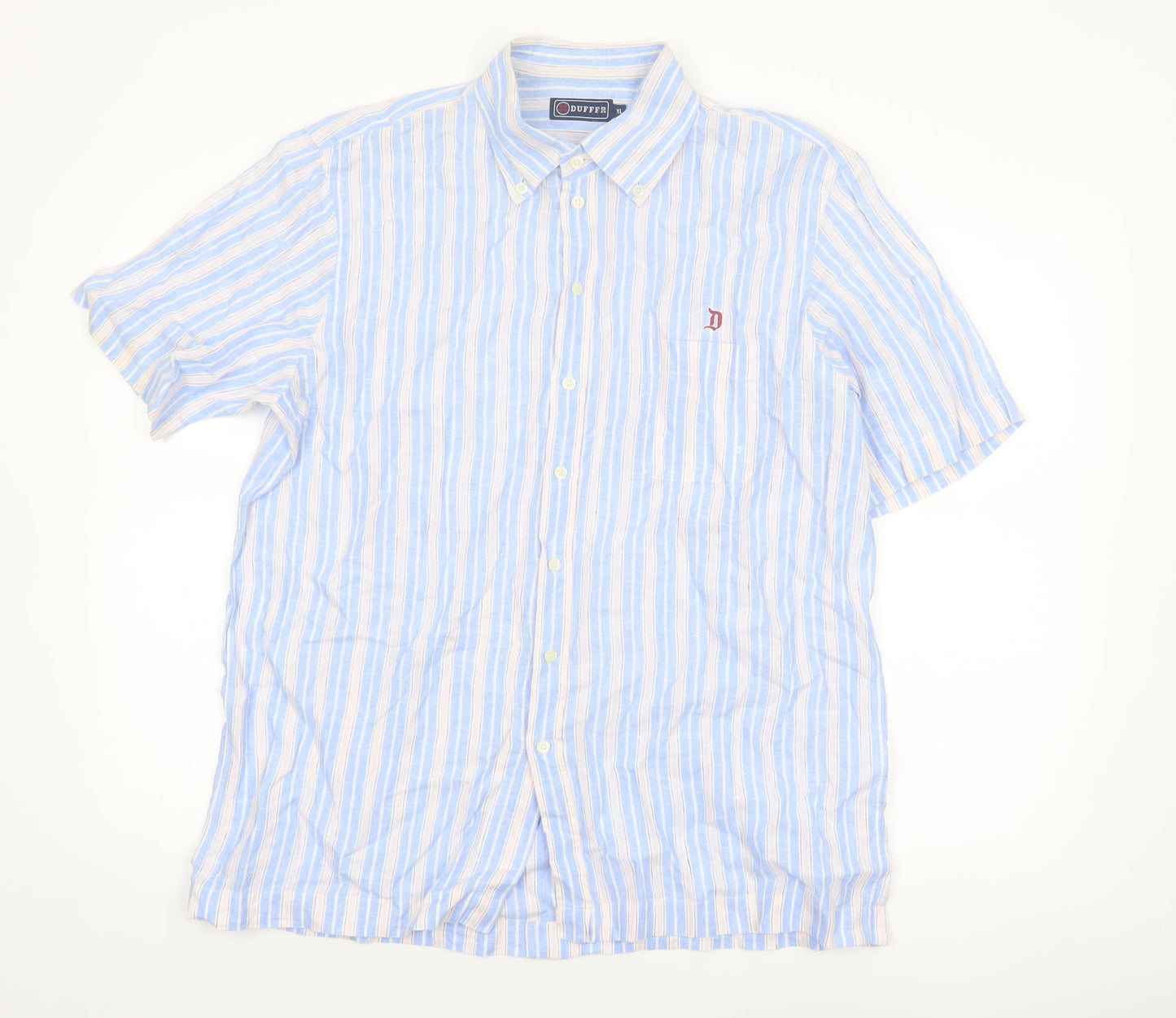 Duffex Men's Blue Striped Linen Short Sleeve Button-Up Shirt XL