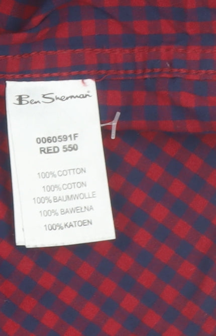 Ben Sherman Men's Red Check Long Sleeve Cotton Button-Up Shirt L