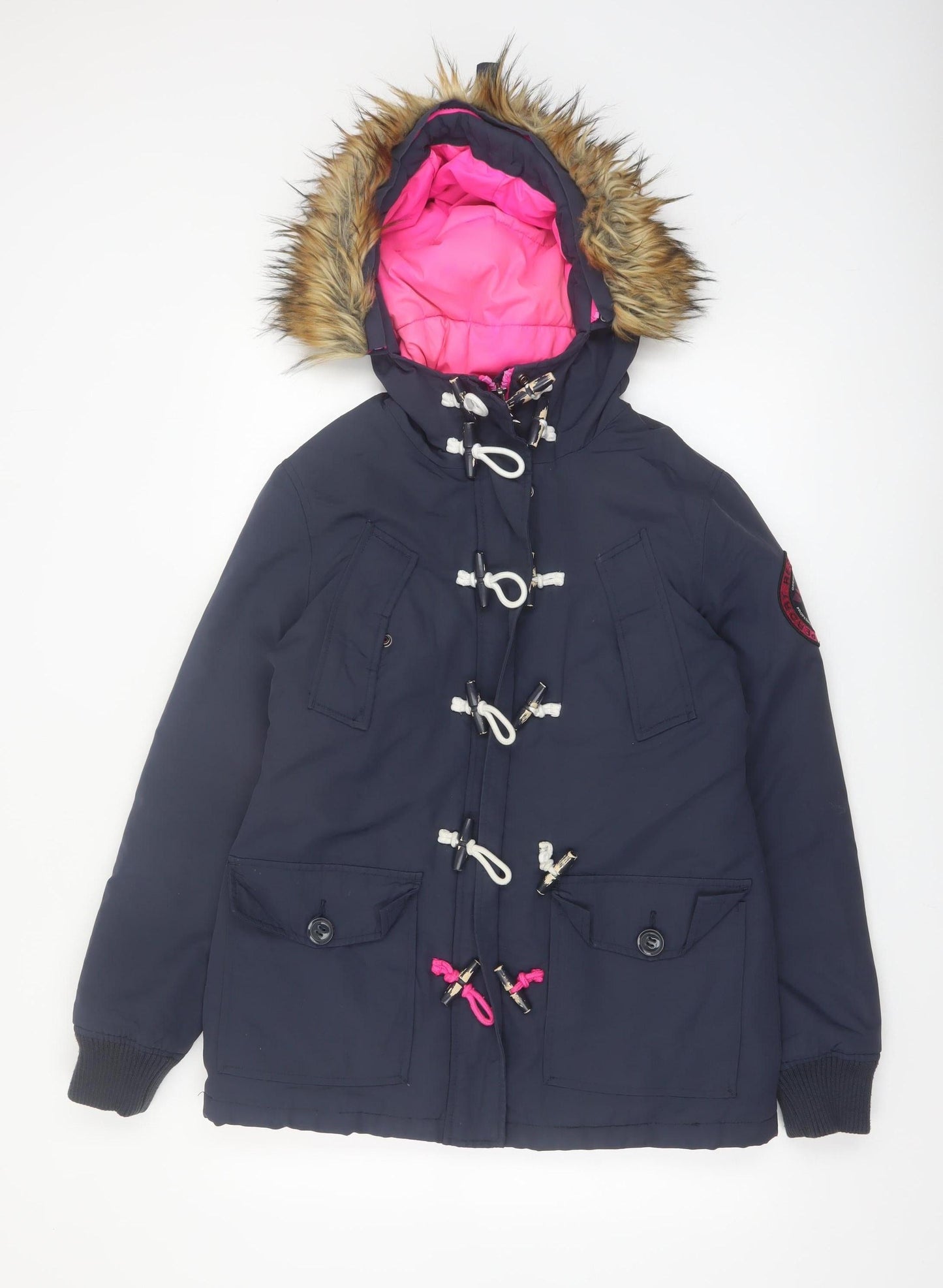 Superdry Women’s Navy Hooded Fur Trim Parka Coat Size S