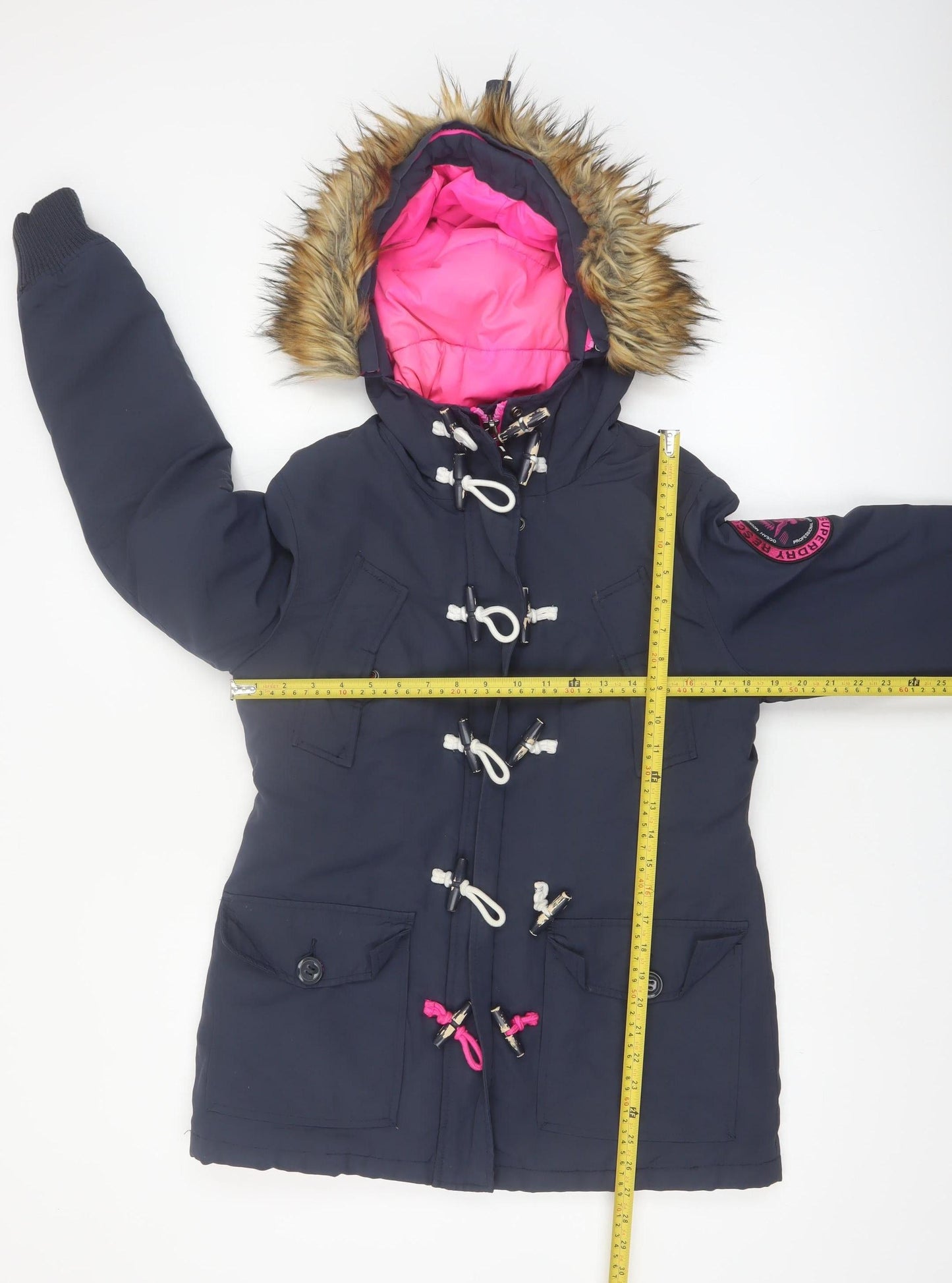 Superdry Women’s Navy Hooded Fur Trim Parka Coat Size S