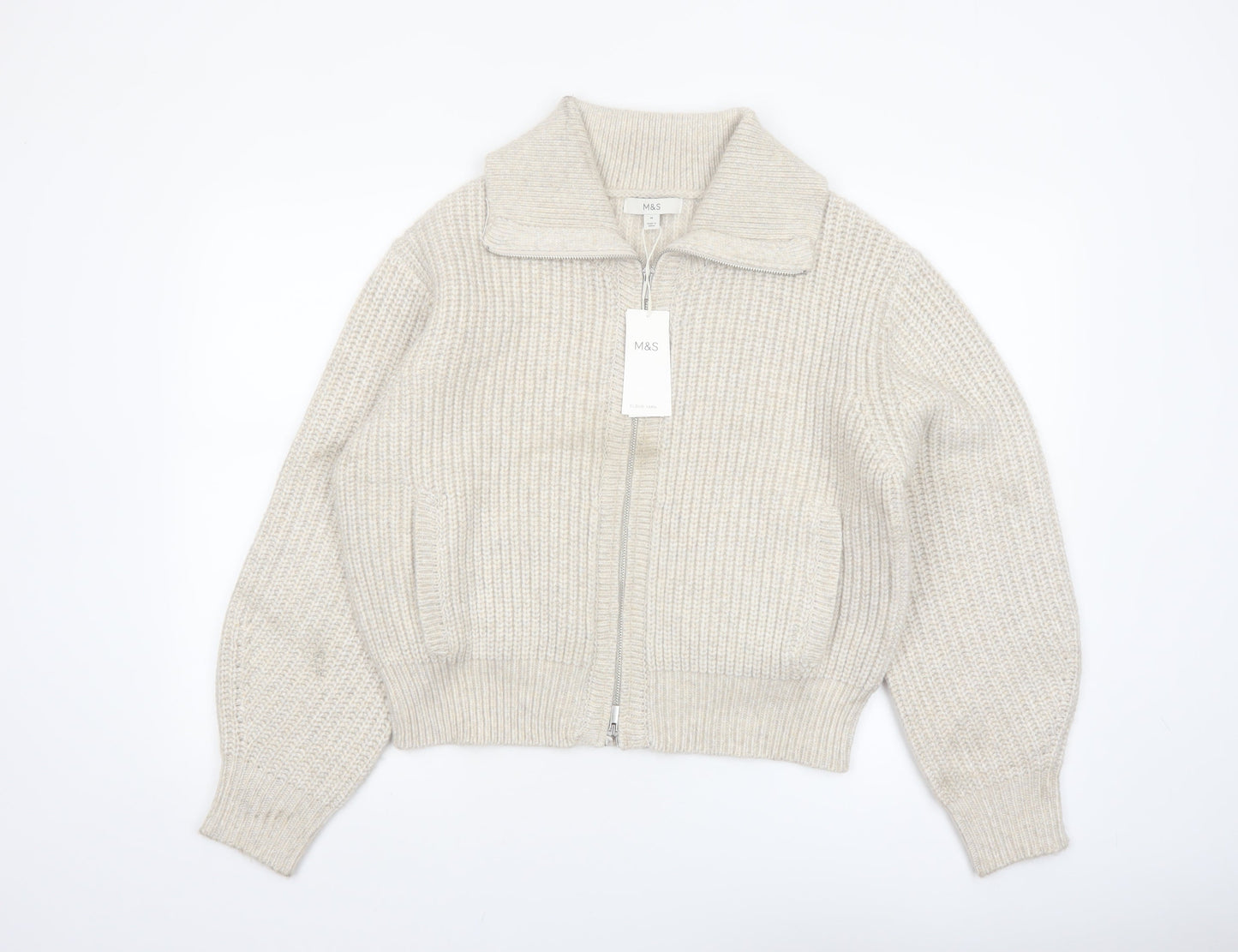 Marks and Spencer Women's Beige Collared Full Zip Chunky Knit Jumper M