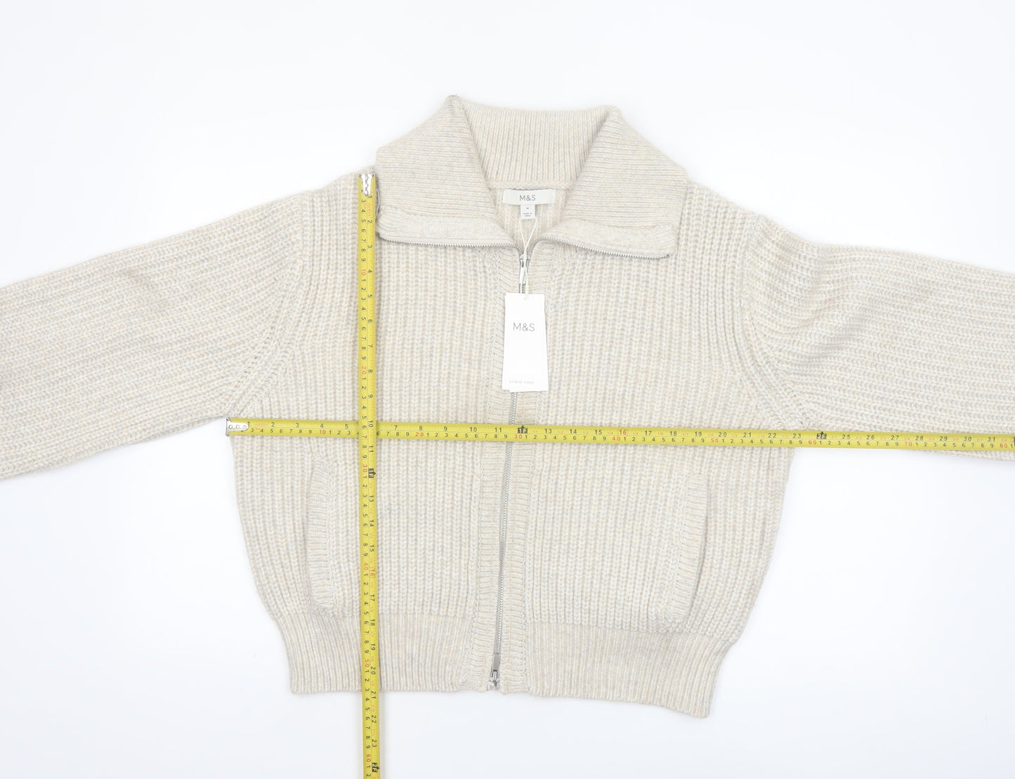 Marks and Spencer Women's Beige Collared Full Zip Chunky Knit Jumper M
