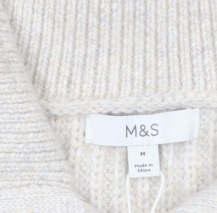 Marks and Spencer Women's Beige Collared Full Zip Chunky Knit Jumper M