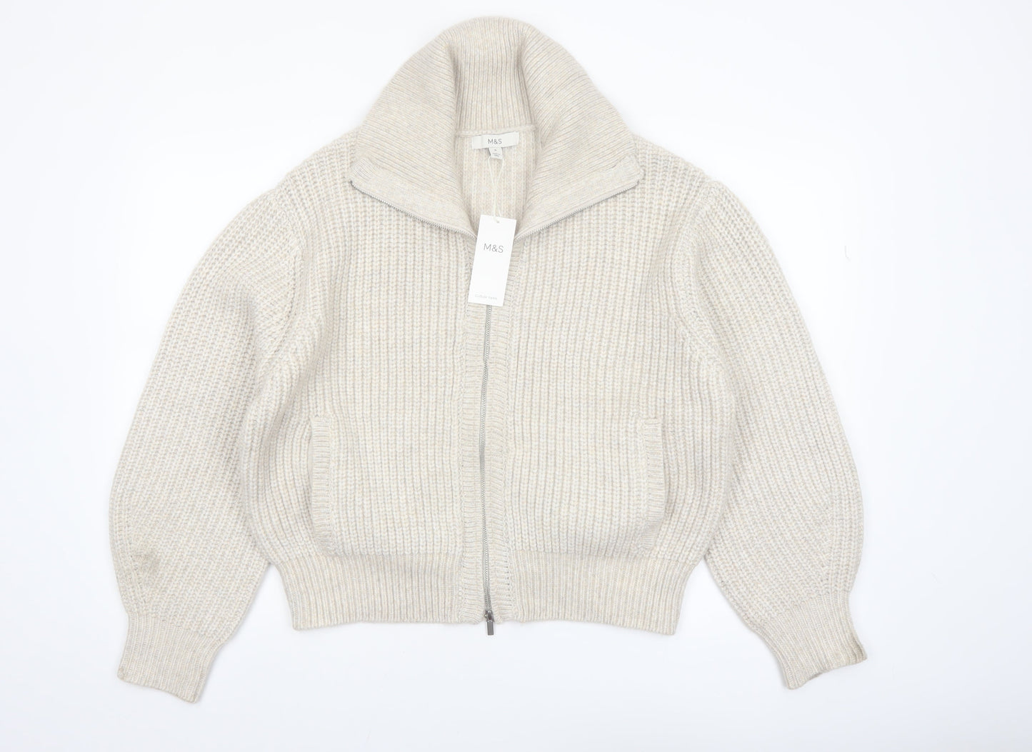 Marks and Spencer Women Beige Chunky Knit Full Zip High Neck Jumper M