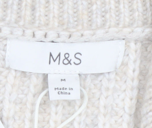 Marks and Spencer Women Beige Chunky Knit Full Zip High Neck Jumper M
