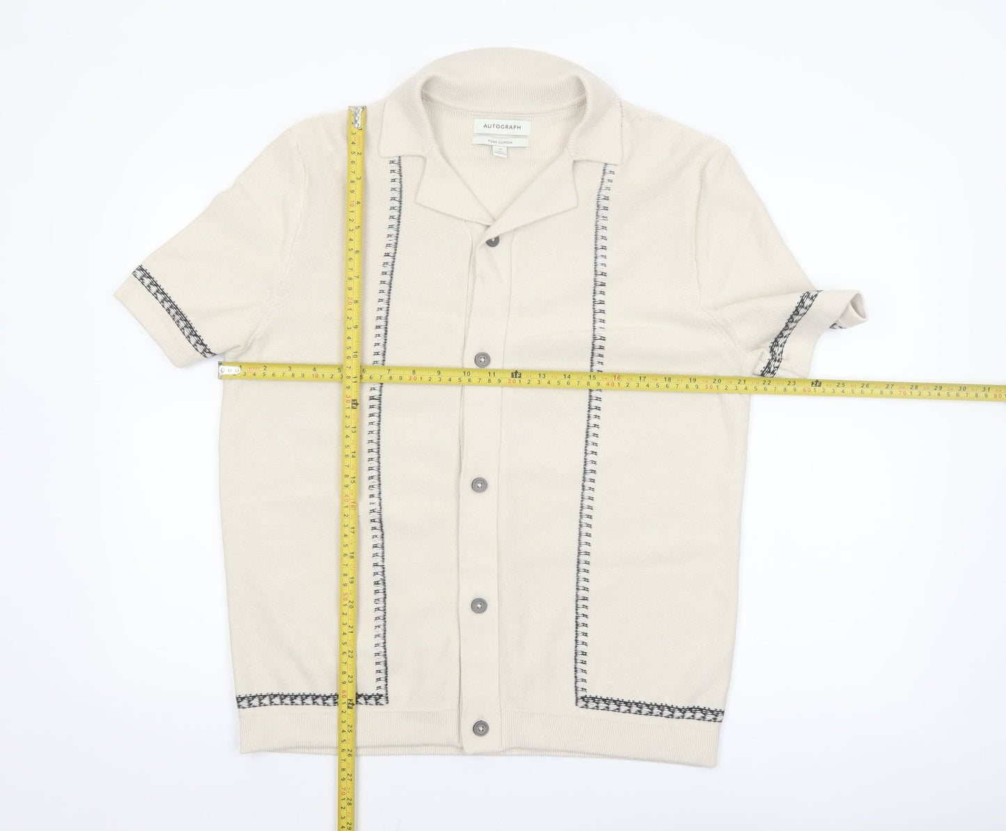 Marks and Spencer Autograph Men's Beige Cotton Collared Short Sleeve Cardigan M
