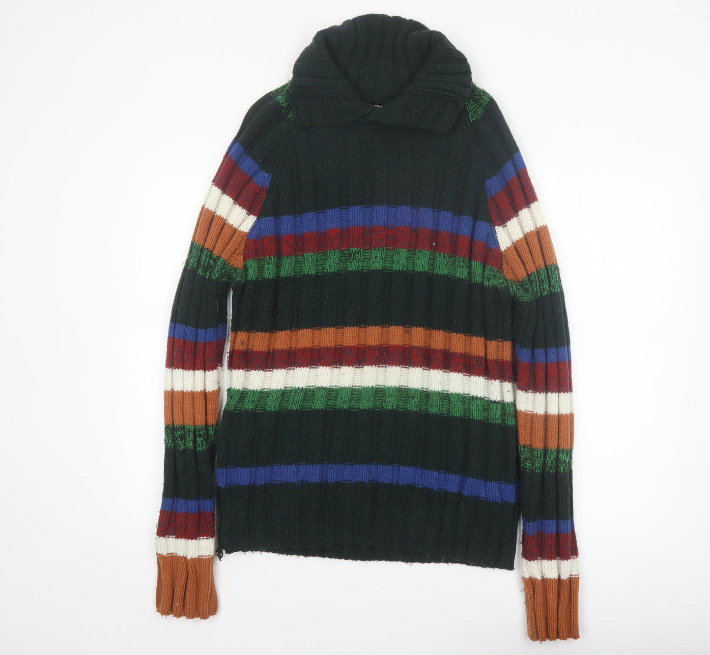 Desigual Men's Multicoloured Striped Roll Neck Chunky-Knit Jumper L