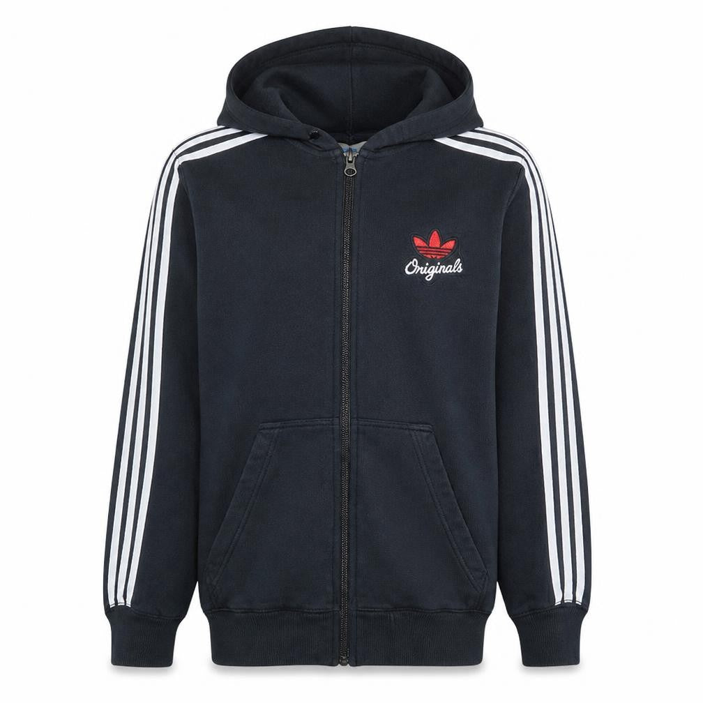Front view of Adidas Originals men’s black full zip hoodie, size M, zip logo hooded