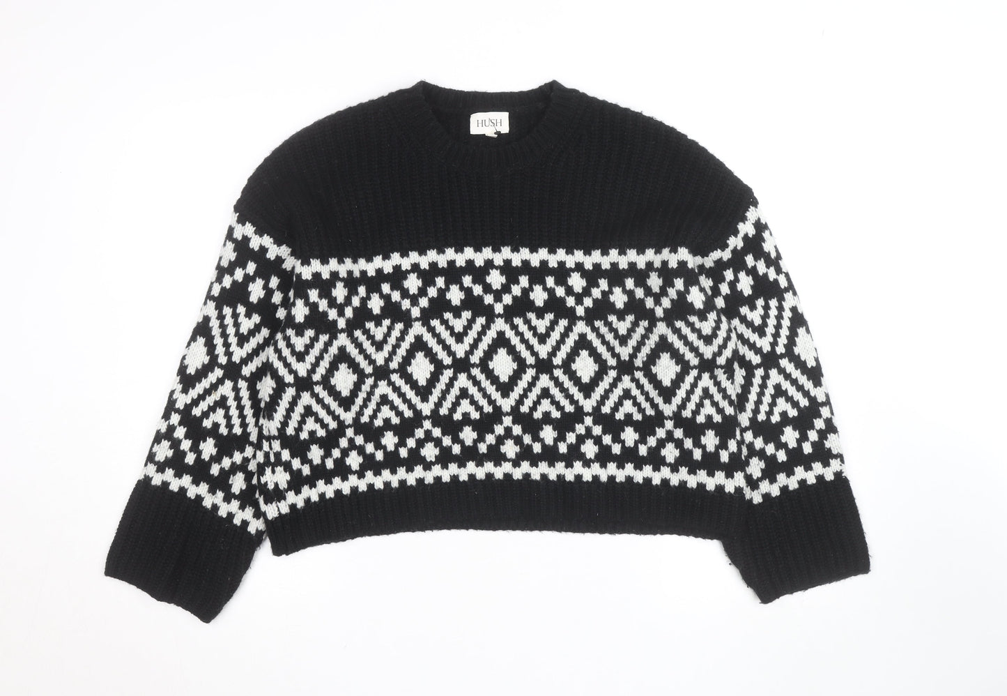 Hush Womens Black Fair Isle Wool Blend Chunky Knit Jumper M