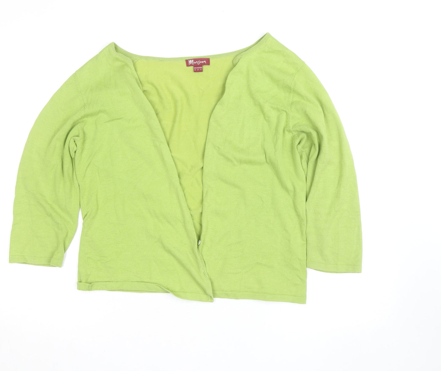 Monsoon Women Green Cotton V-Neck 3/4 Sleeve Cardigan Size 16