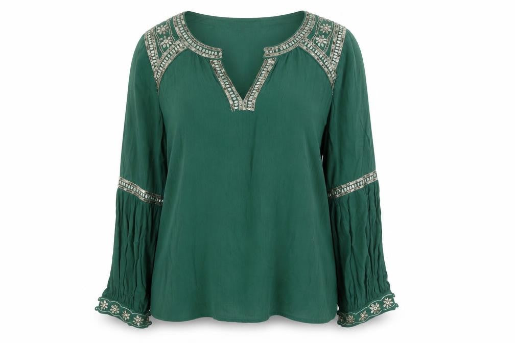 Monsoon Women Green Beaded Tunic Blouse UK 8 Viscose Long Sleeve
