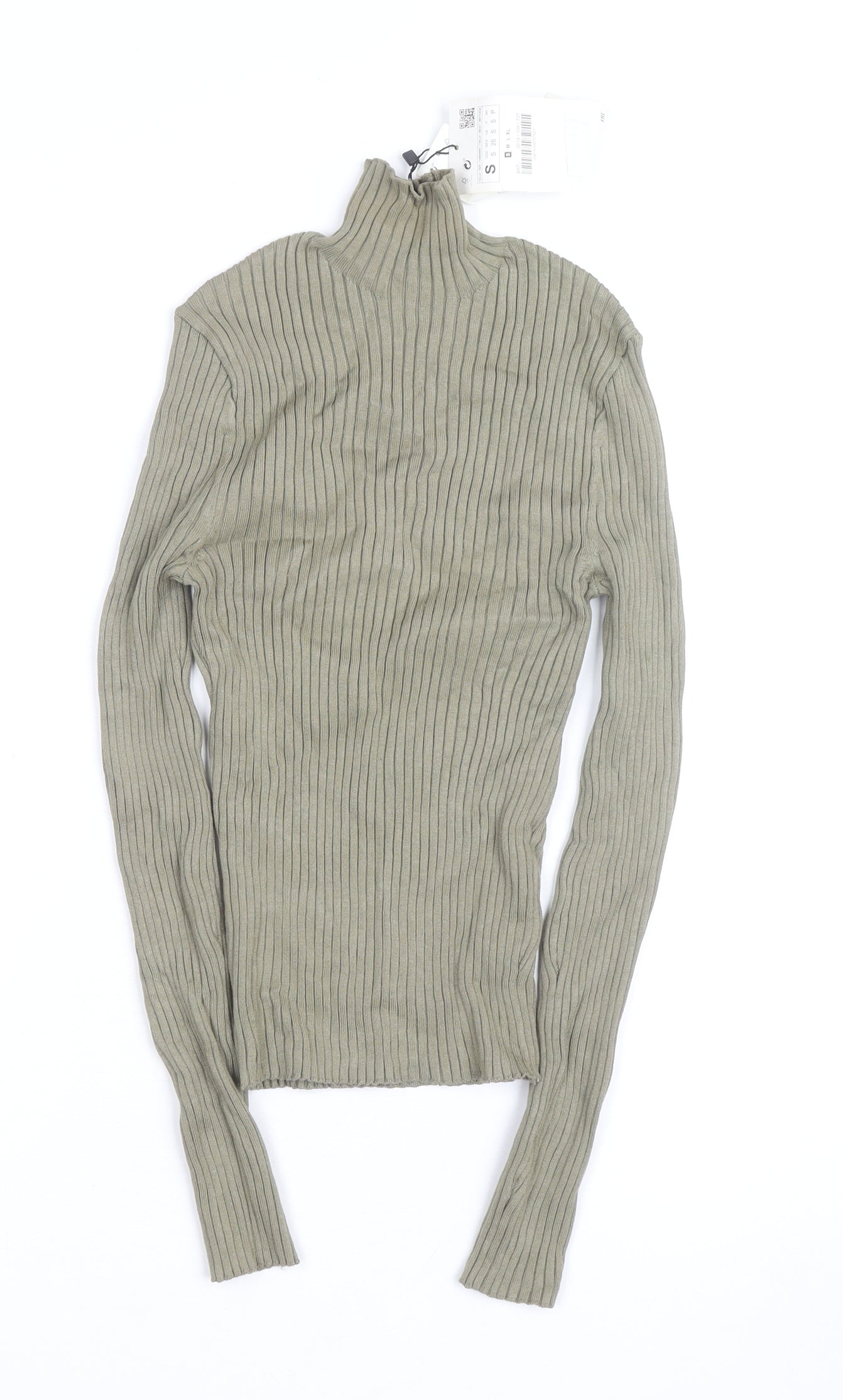 Zara Women Green Ribbed Mock Neck Long Sleeve Knit Top Size S