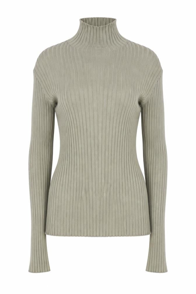 Zara Women Green Ribbed Mock Neck Long Sleeve Knit Top Size S