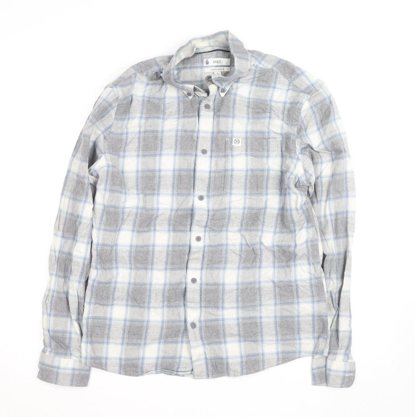 Marks and Spencer Men's Grey Check Flannel Button-Up Shirt L