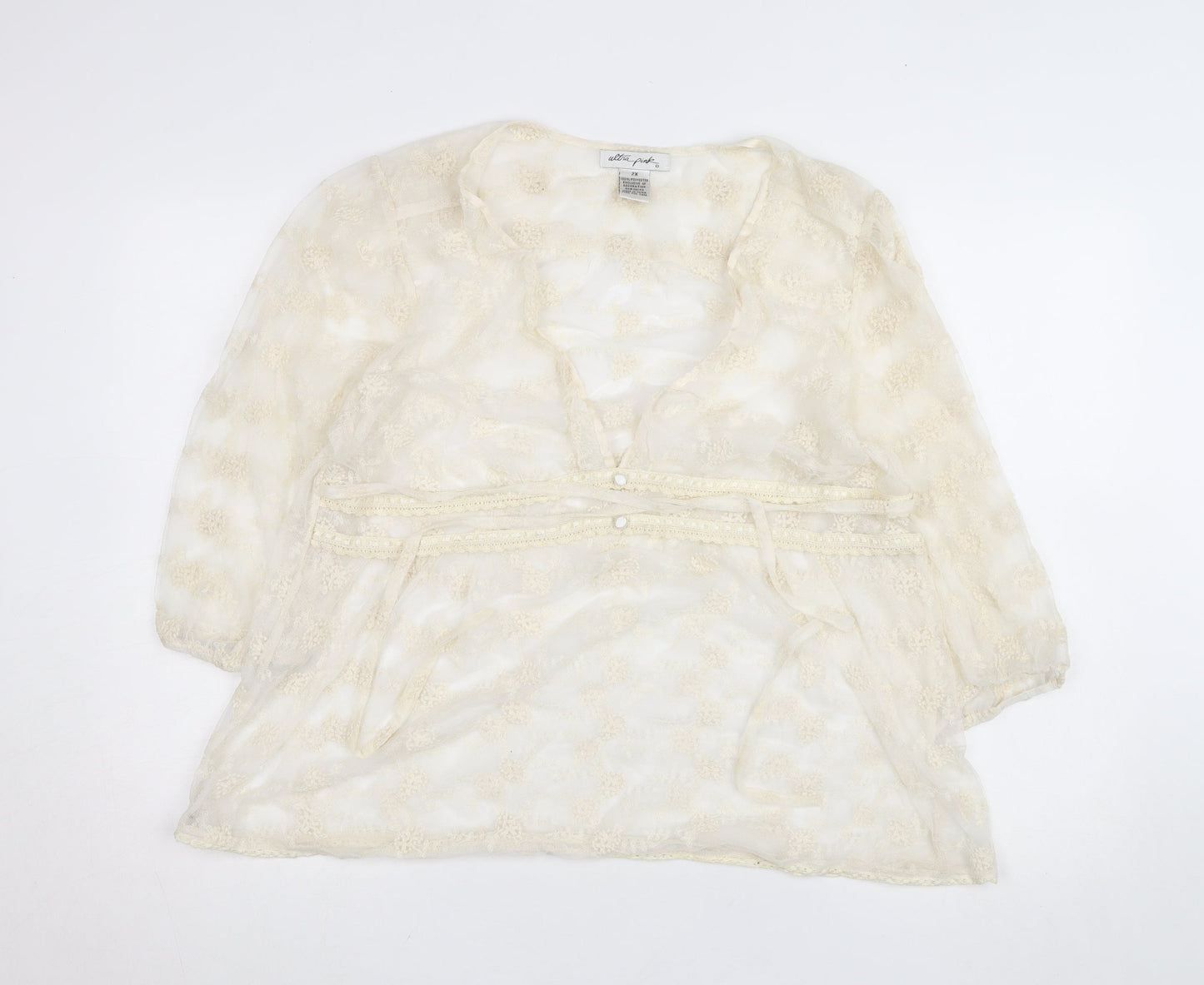 Ultra Pink Women’s Ivory Lace Tunic Blouse 2XL Sheer 3/4 Sleeve