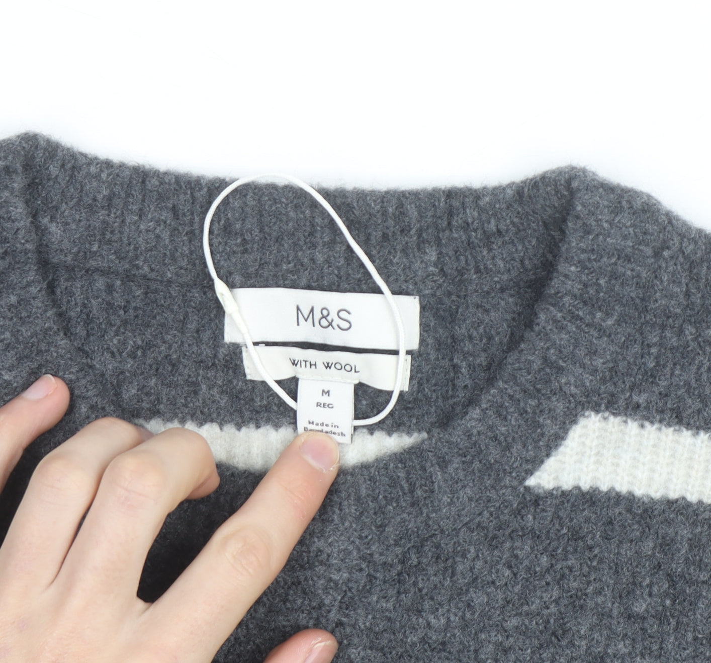 Marks and Spencer Men's Grey Striped Wool Blend Crew Neck Jumper M