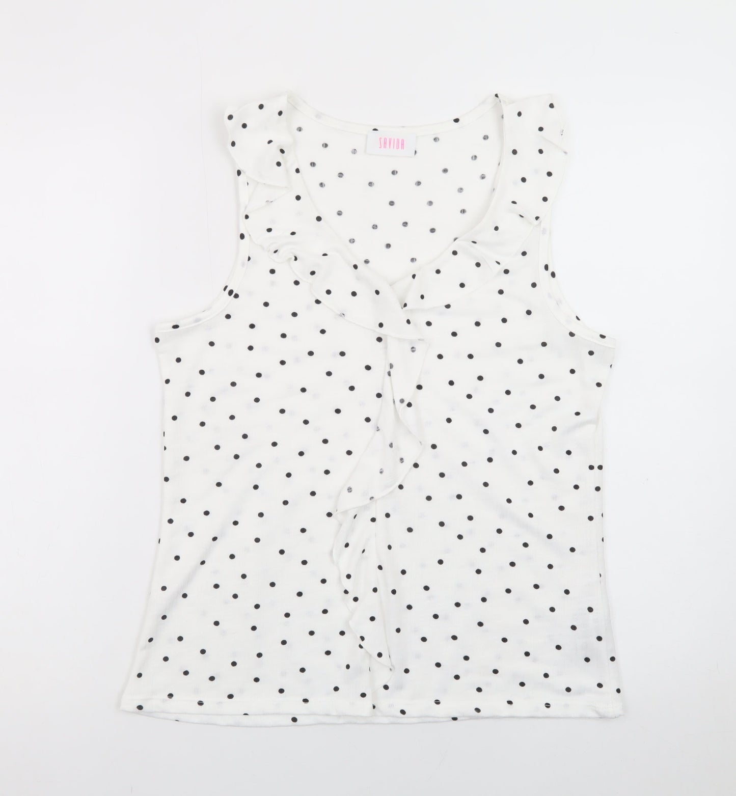Savida Women’s White Polka Dot Ruffle V-Neck Tank Top Size 10