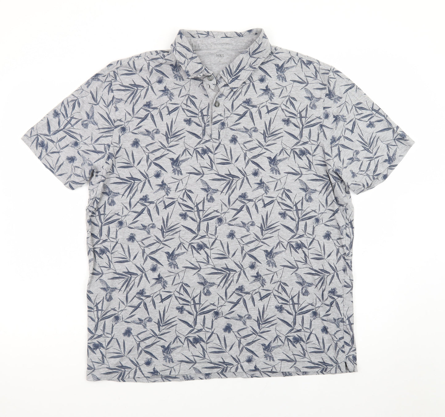Marks and Spencer Men's Grey Floral Cotton Polo Shirt XL Regular Fit