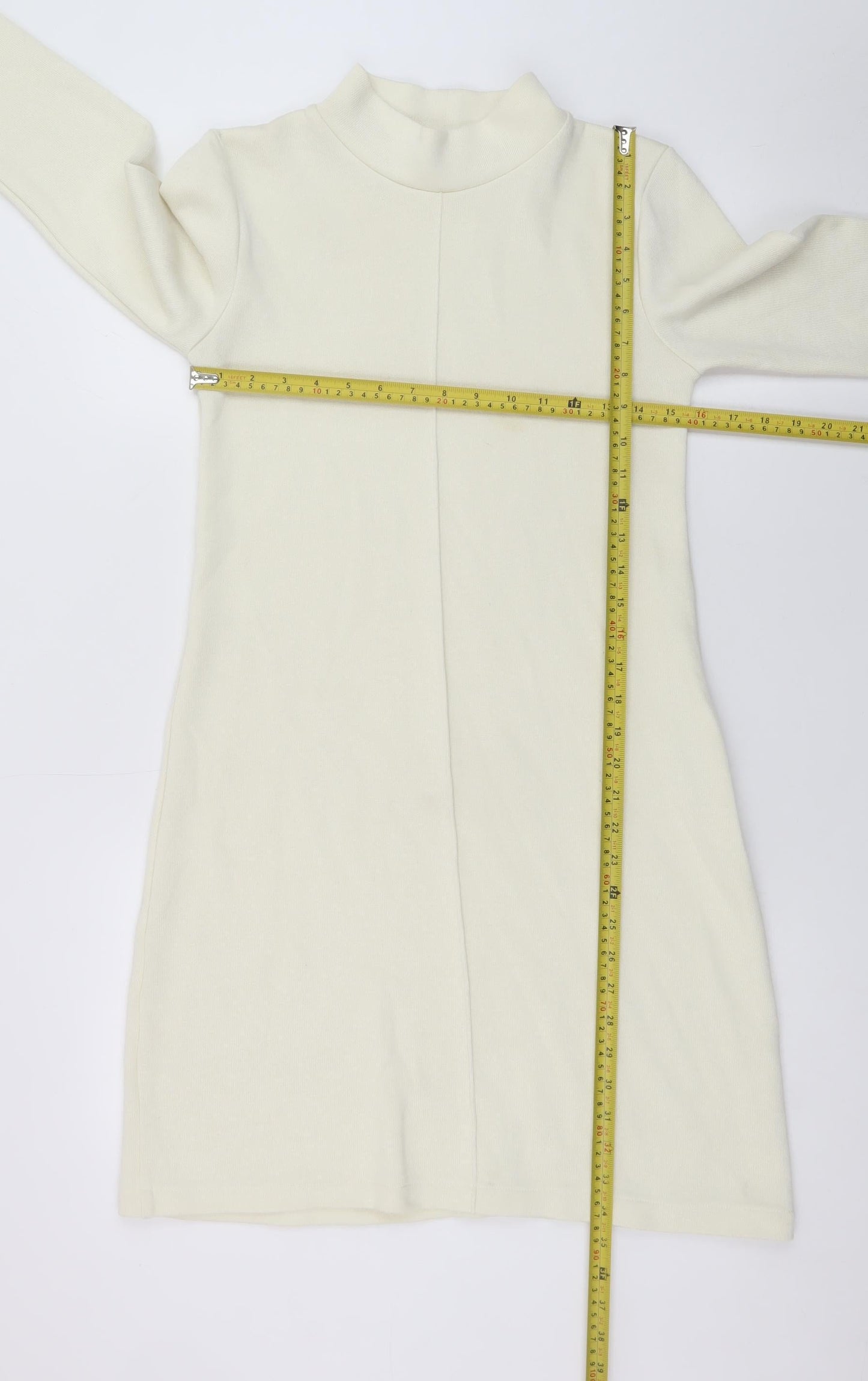 Zara Women Ivory Knit Mock Neck Shift Dress Size S