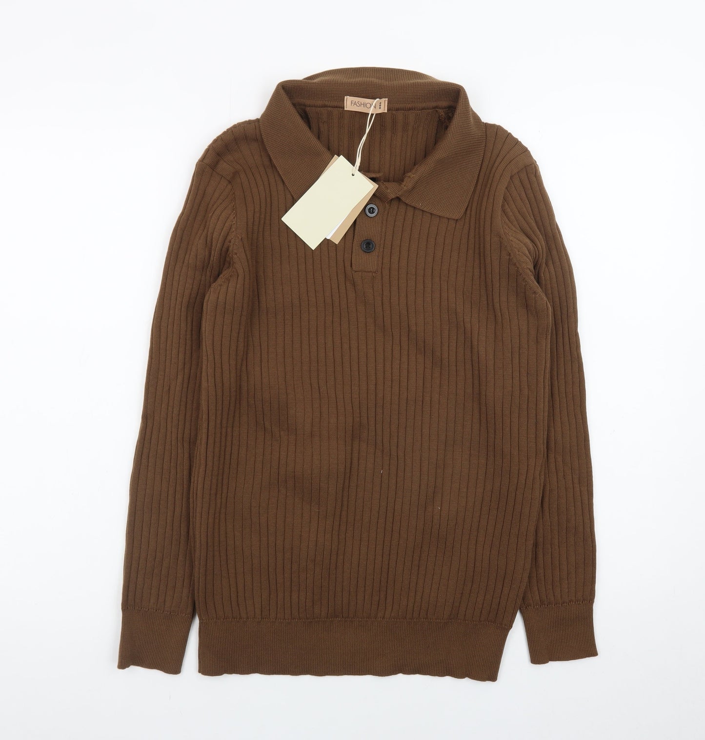 FASHION Men’s Brown Collared Henley Knit Jumper L