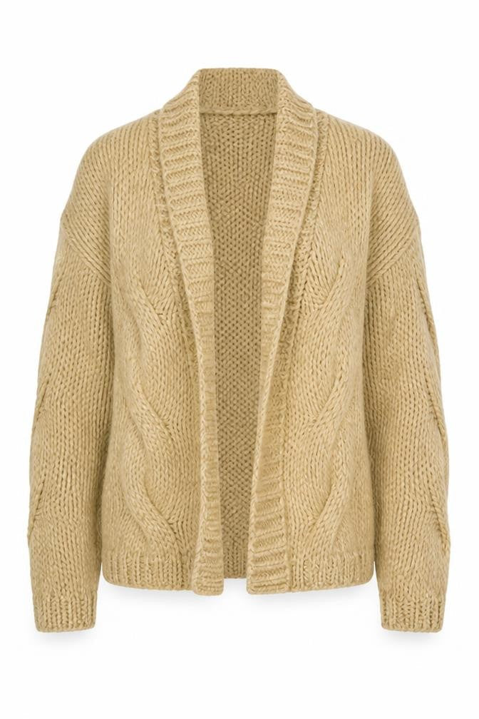 Front view of Miss Selfridge Women Beige Faux Fur Trim Cardigan UK 10 Long Sleeve Knit