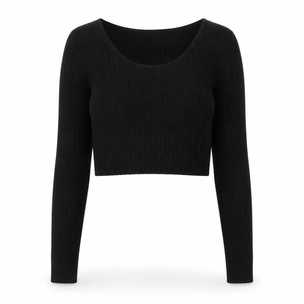 Monki Womens Black Cropped Ribbed Long Sleeve Top XS