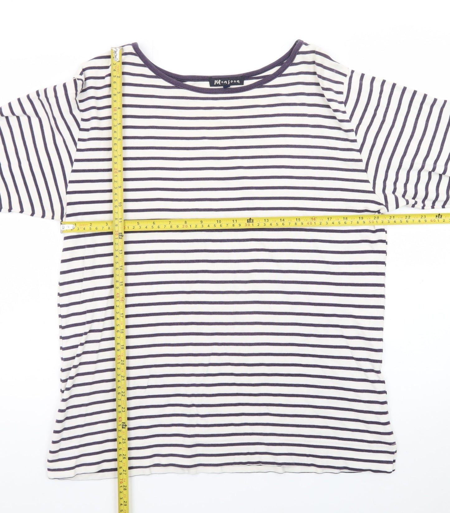 Monsoon Women White Striped Long Sleeve Cotton Boat Neck Top L