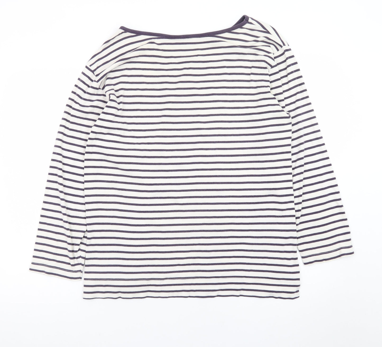 Monsoon Women White Striped Long Sleeve Cotton Boat Neck Top L